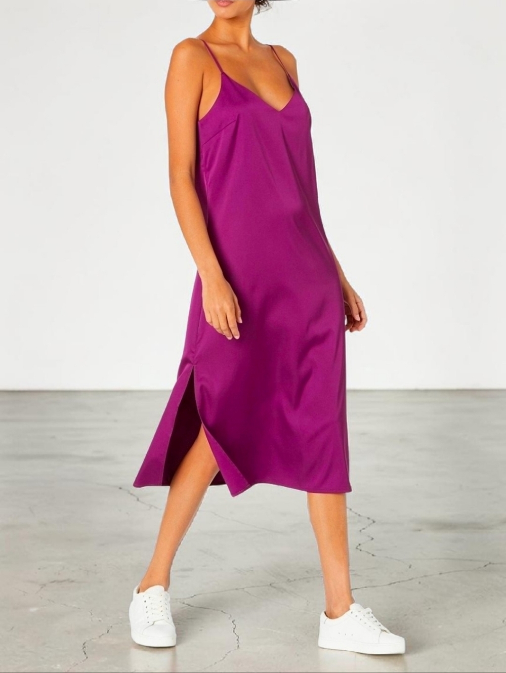 The Drop Slip Dress Size 2X Fuschia Satin Midi Side Slit